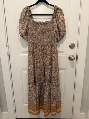 Francesca's Collections Cream Floral Maxi Dress with Mustard Border